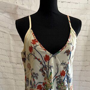 Cream Botanical Floral Slip Mini Dress | Size L (US 8/10) | Satin | V-Neck | Boh